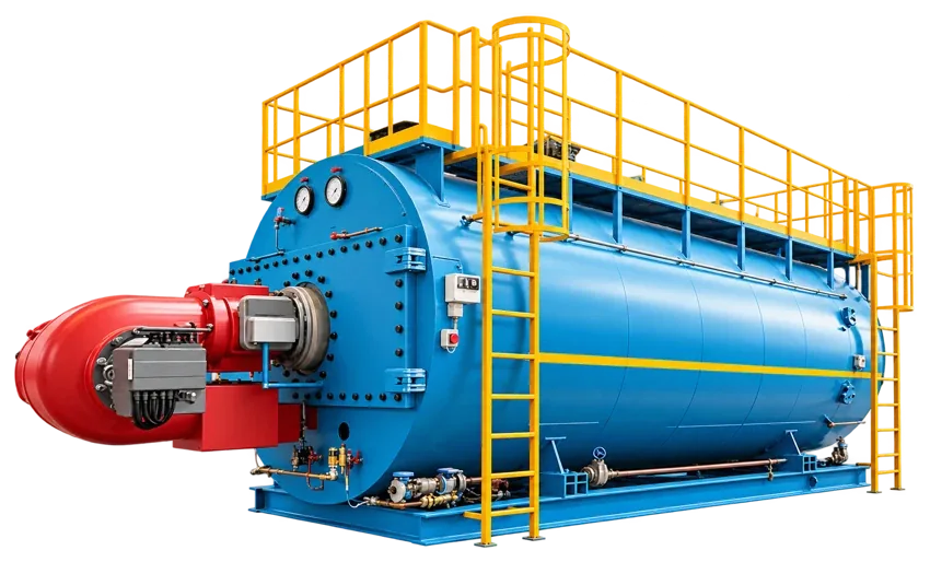 Illustration of a blue industrial boiler with a red burner and yellow railings