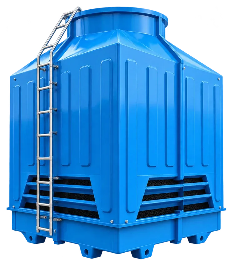 Illustration of a blue cooling tower with a ladder