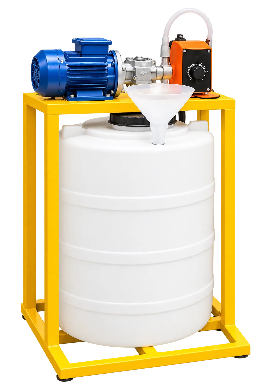 Illustration of one centred white dosing tank in a yellow steel frame with a small blue motor and orange metering pump mounted above the tank