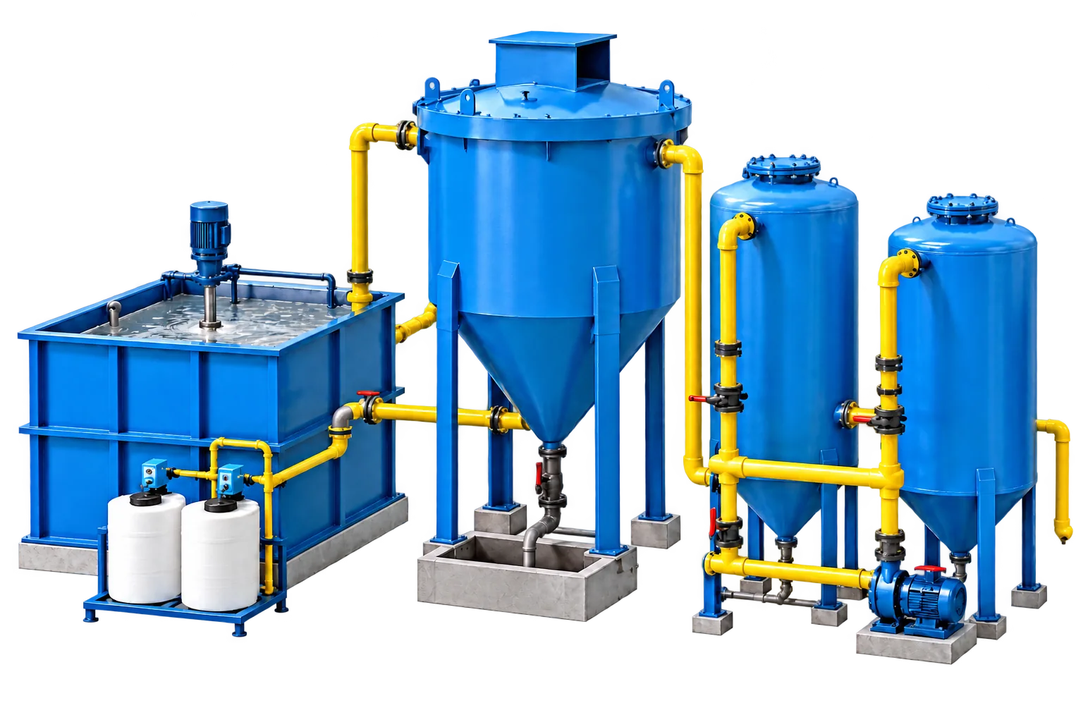 Conceptual illustration of an effluent treatment system with a mixing tank, chemical dosing, conical clarifier and pressure filters