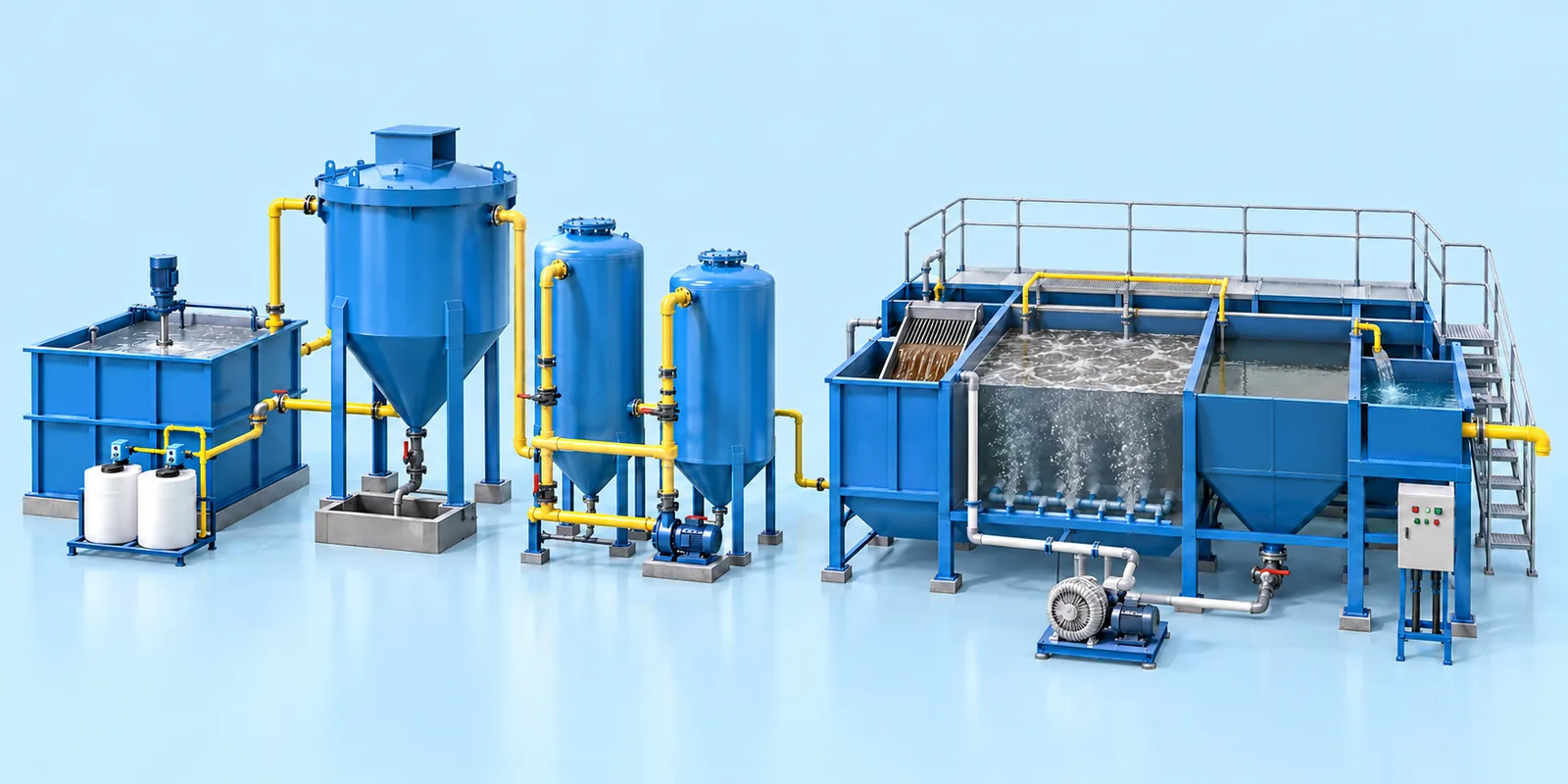 Conceptual illustration of an effluent treatment system on the left and a sewage treatment system in cutaway on the right, on a pale blue background