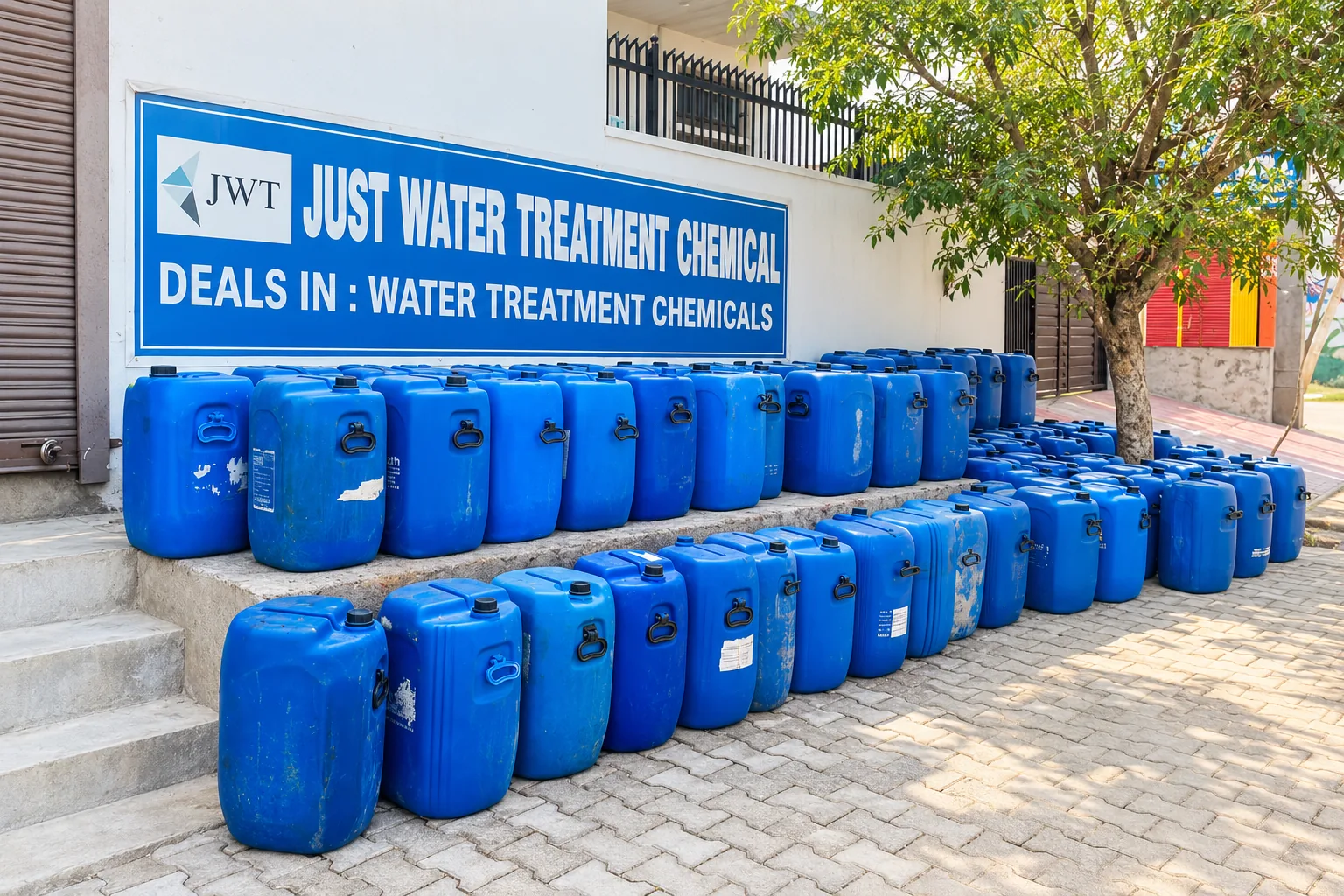 AI-recreated view of blue industrial chemical cans arranged outside our premises beneath the business sign