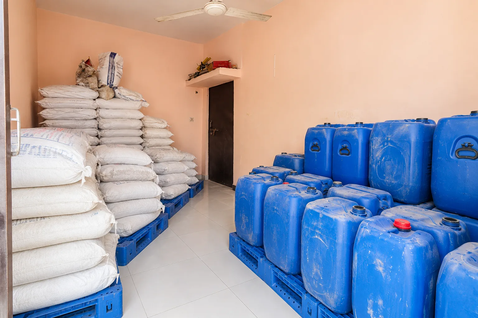 AI-recreated view of our storage room with white sacks and blue chemical cans on blue pallets