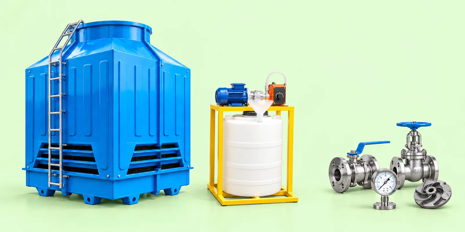 Illustration of a large blue cooling tower, one smaller white dosing tank in a yellow frame with a top-mounted blue motor and orange metering pump, and industrial valves, a pressure gauge and an impeller