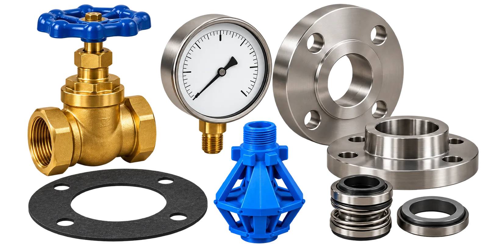 Illustration of industrial valves, flanges, a pressure gauge and cooling tower spare parts