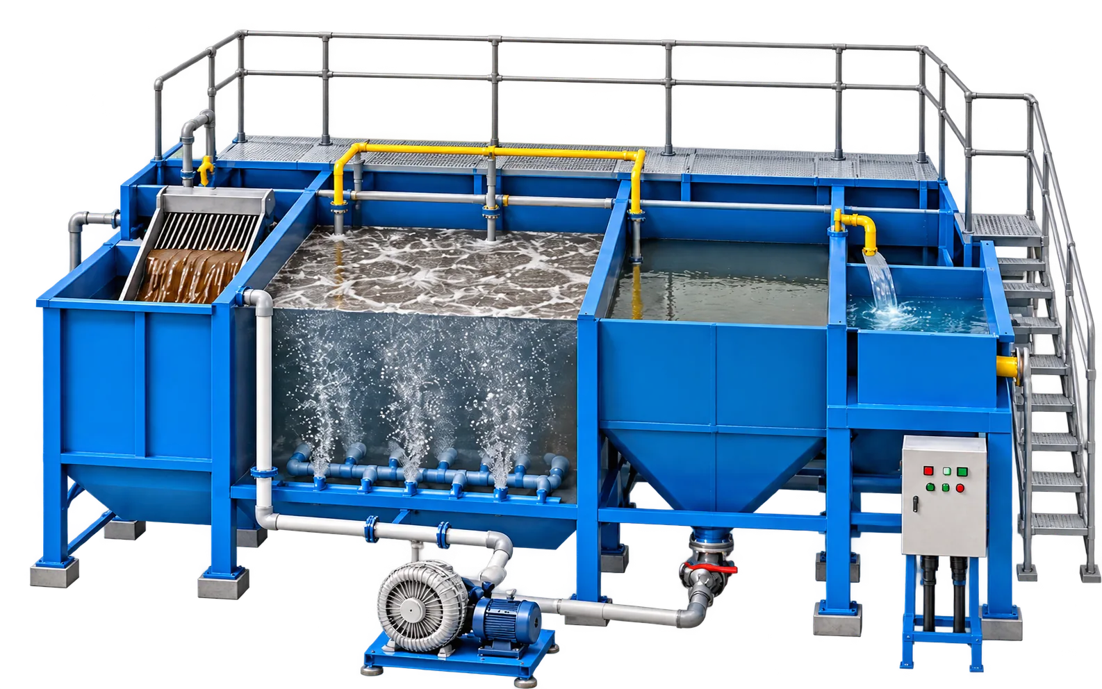 Conceptual cutaway illustration of a sewage treatment system with screening, biological aeration, settling and an external air blower